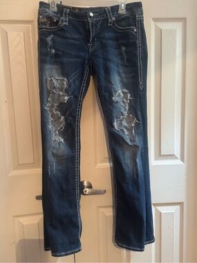 Rock Revival Dark Blue Distressed Boot Cut Jeans